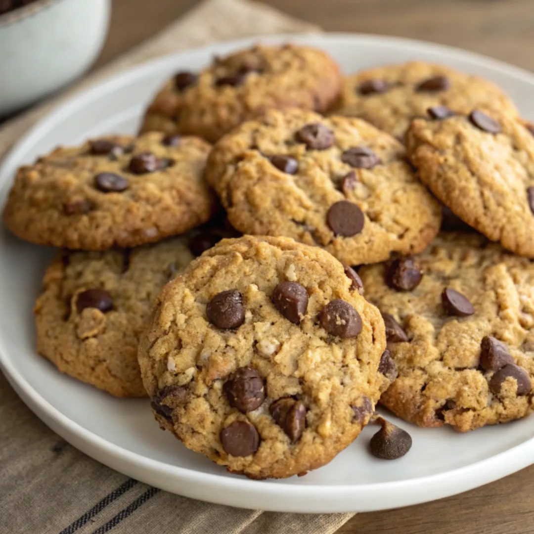 Plate of freshly baked chocolate chip oatmeal chewy cookies with chocolate chips scattered on top, perfect for a sweet treat.
