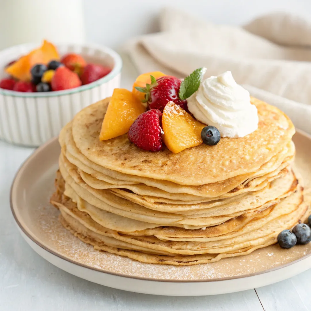 Stack of gluten free crepes topped with whipped cream, fresh berries, and peach slices on a beige plate.