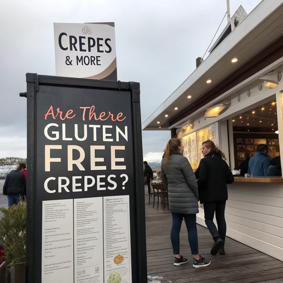 Outdoor crepe stand with a large sign reading "Are There Gluten Free Crepes?" next to customers waiting in line.