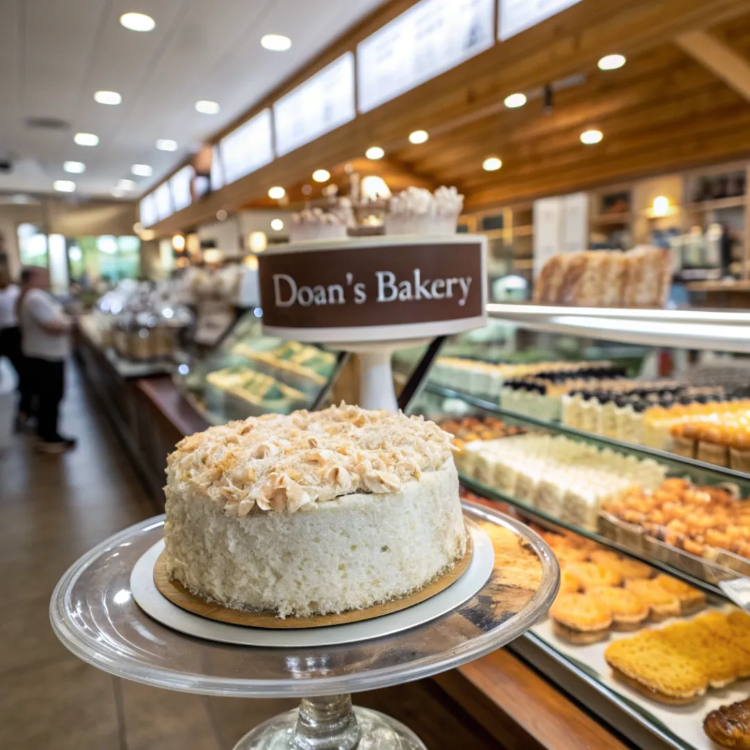 Display of the famous coconut cake at Doan's Bakery with a full pastry counter in the background.