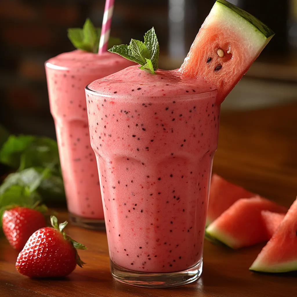 Watermelon smoothies with yogurt, garnished with mint leaves and a slice of watermelon.