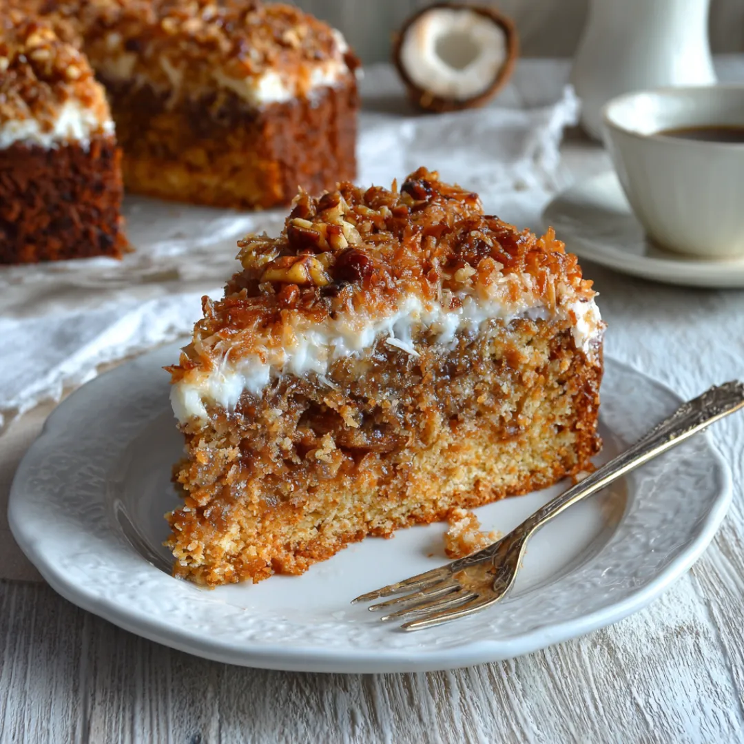 Old fashioned Texas tornado cake slice with coconut pecan topping