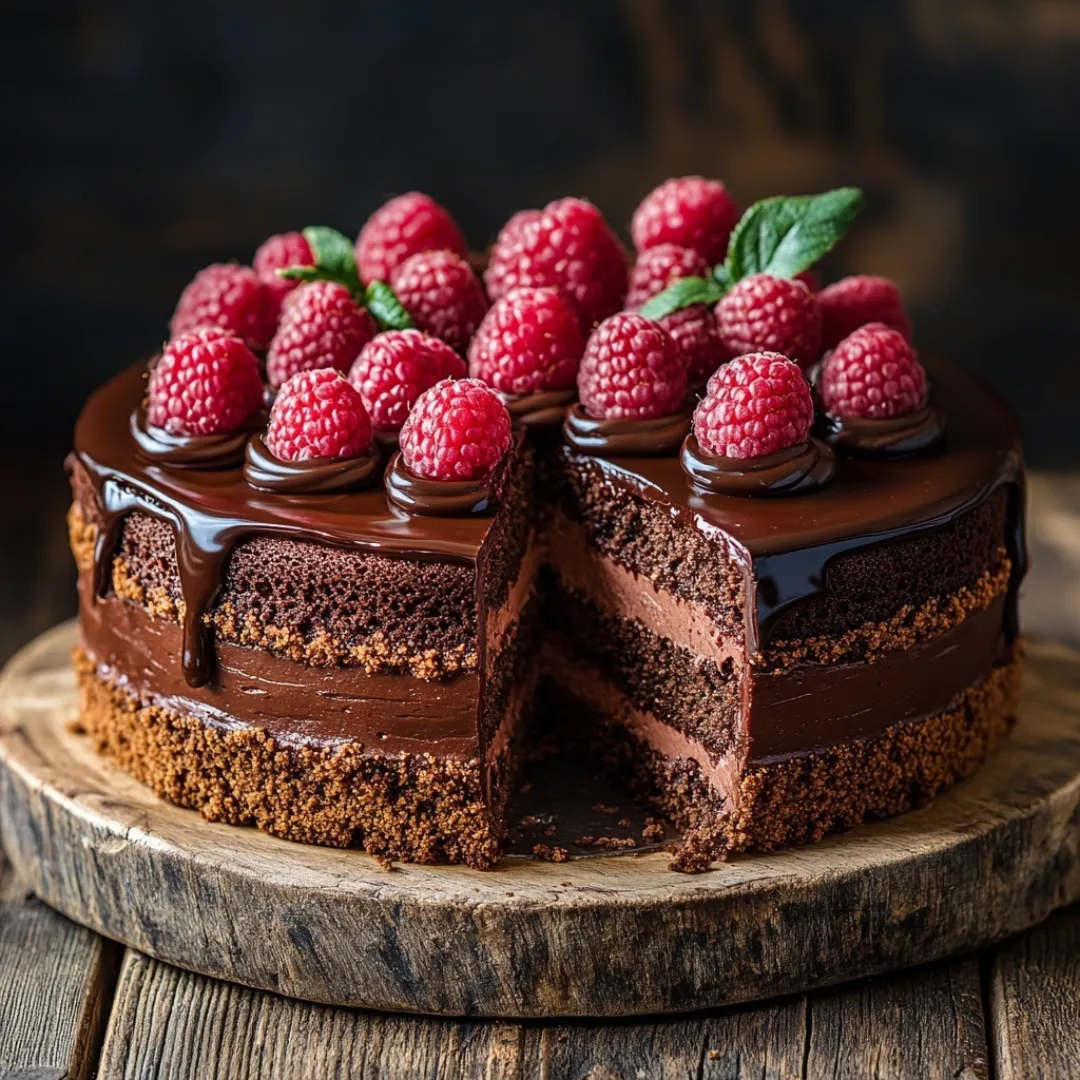 Homemade chocolate mousse cake with ganache and raspberries