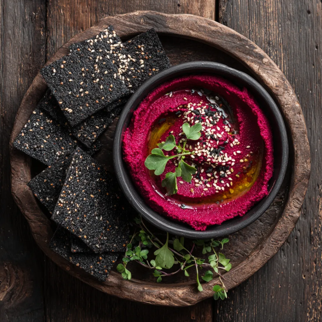 Beet Hummus with Black Crackers Recipe