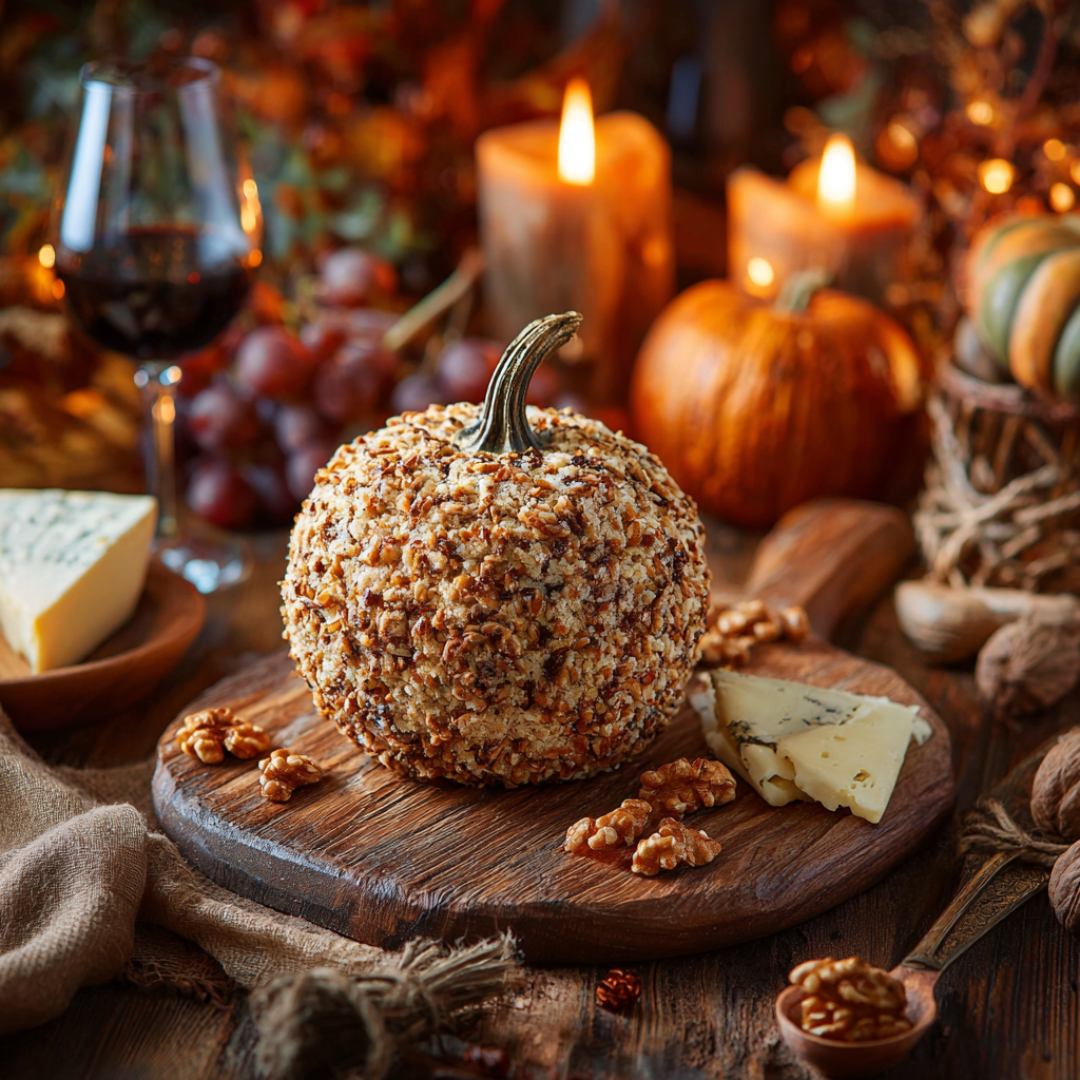 Pumpkin-shaped cheese ball with spiced nuts appetizer
