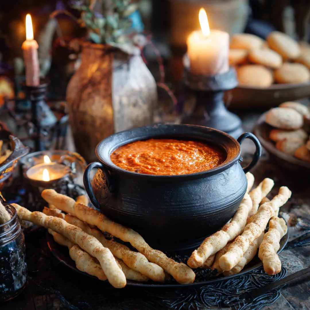 Witch Finger Breadsticks with Roasted Red Pepper Dip Halloween Recipe