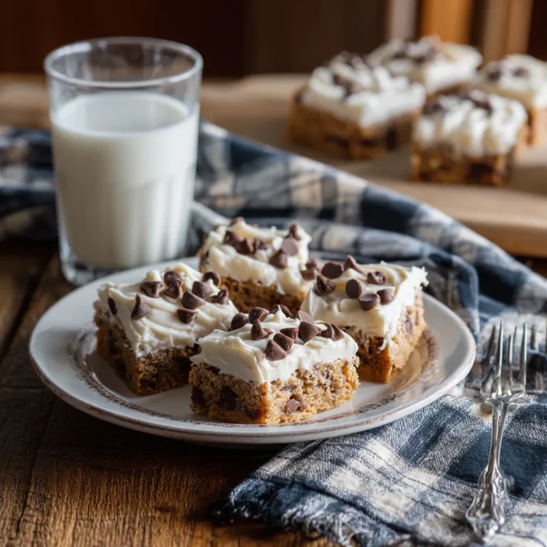 frosted chocolate chip cookie bars stacked