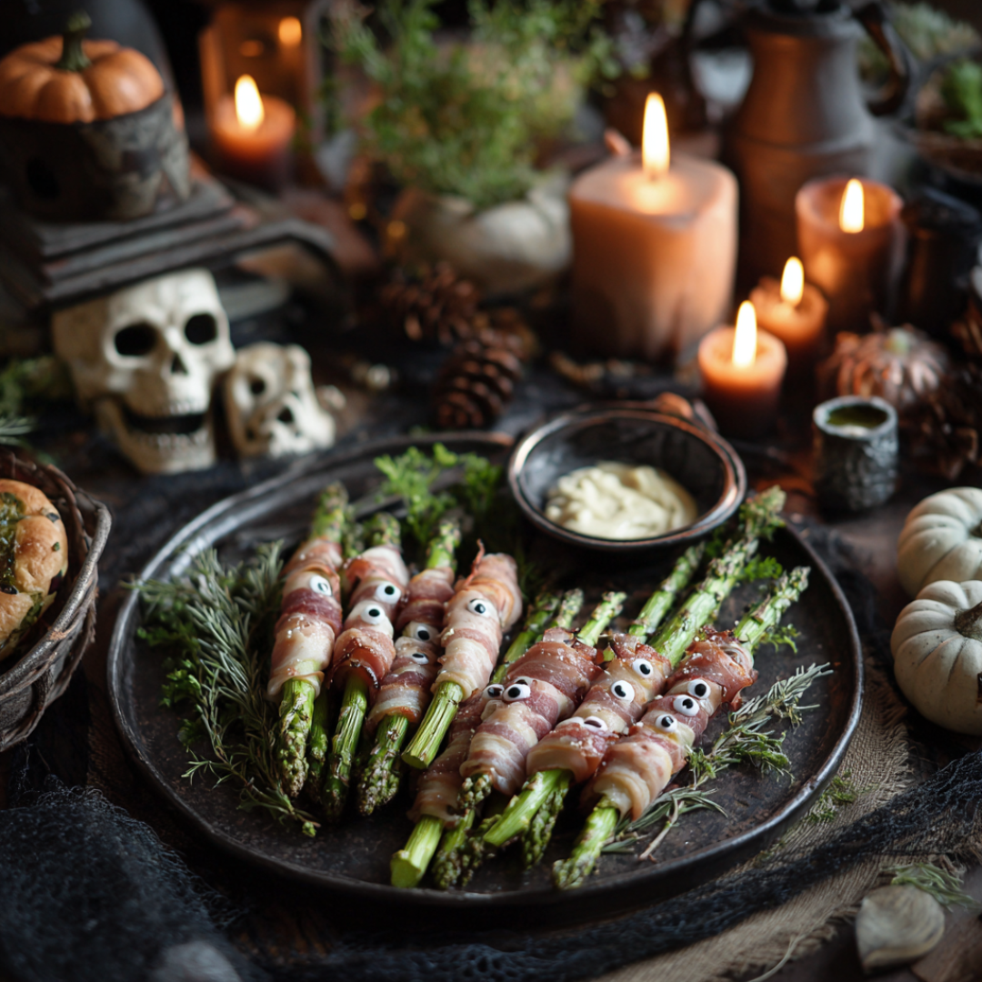 ghostly prosciutto-wrapped asparagus spooky appetizer