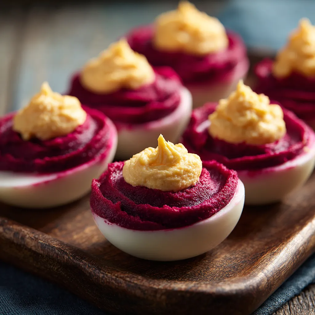 Bloody deviled eggs with beet-dyed filling on platter