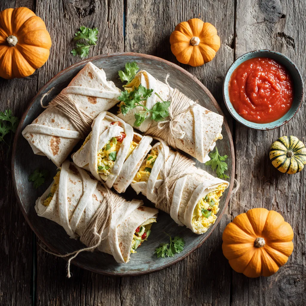 mummy egg wraps with tortilla strips Halloween breakfast