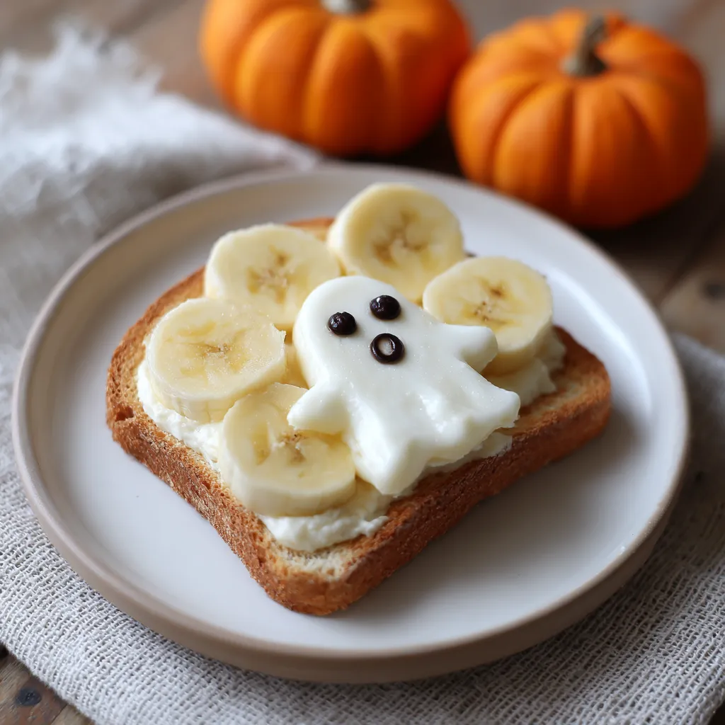 Ghost Cream Cheese Toast with banana slices breakfast