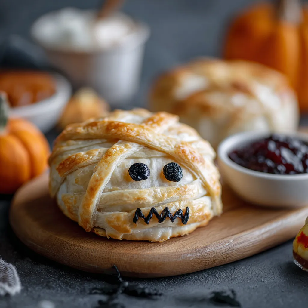 "Mummified Brie en Croute ingredients puff pastry brie olives jam