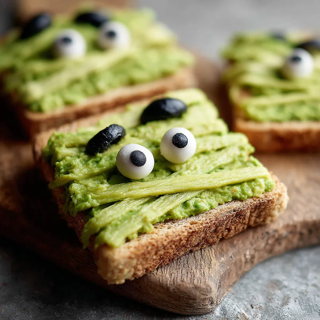 assembling mummy avocado toast with cheese bandages