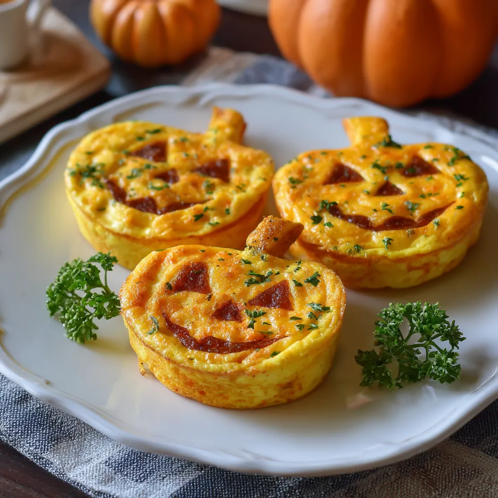 Pumpkin shaped frittatas recipe on rustic autumn table