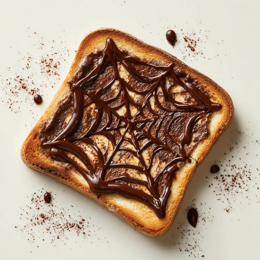 Text: recipe card image of Spider Web Nutella Toast