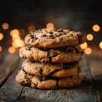 : Thick chocolate chip cookies served with milk