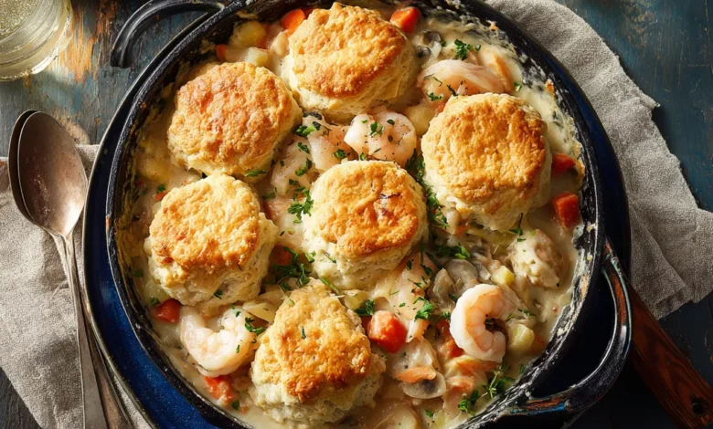 Creamy Seafood Pot Pie with Biscuit Topping