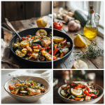 4 Pinterest-style vertical food photography images showing a healthy dinner recipe for clean eating, Mediterranean style, inspired by Greek home cooking. Image 1 (Featured Image): bright natural light, rustic Greek kitchen table, clean eating chicken and vegetable skillet, olive oil drizzle, lemon slices, fresh herbs, cozy warm tones, inviting and fresh, minimal props, Pinterest aesthetic. Image 2 (Ingredients Flat Lay): top-down view of fresh clean eating ingredients neatly arranged: raw chicken breast, zucchini, red bell pepper, cherry tomatoes, garlic, onion, lemon, olive oil bottle, oregano, parsley, neutral linen background, airy, bright, organic, Pinterest food flat lay. Image 3 (Cooking / Mixing Process): action shot of cooking, hands stirring chicken and vegetables in a large skillet on stovetop, steam rising, olive oil glistening, natural daylight, candid home cooking feel, Mediterranean kitchen mood, clean and authentic. Image 4 (Final Plated Dish): finished healthy clean eating dinner served in a shallow ceramic bowl, colorful vegetables and tender chicken, fresh herbs on top, lemon wedge on the side, rustic wooden table, soft shadows, elegant but simple, Pinterest viral food style. Ultra-realistic food photography, professional composition, shallow depth of field, high detail, soft natural light, warm Mediterranean color palette, no text, no people faces, no clutter.