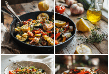 4 Pinterest-style vertical food photography images showing a healthy dinner recipe for clean eating, Mediterranean style, inspired by Greek home cooking. Image 1 (Featured Image): bright natural light, rustic Greek kitchen table, clean eating chicken and vegetable skillet, olive oil drizzle, lemon slices, fresh herbs, cozy warm tones, inviting and fresh, minimal props, Pinterest aesthetic. Image 2 (Ingredients Flat Lay): top-down view of fresh clean eating ingredients neatly arranged: raw chicken breast, zucchini, red bell pepper, cherry tomatoes, garlic, onion, lemon, olive oil bottle, oregano, parsley, neutral linen background, airy, bright, organic, Pinterest food flat lay. Image 3 (Cooking / Mixing Process): action shot of cooking, hands stirring chicken and vegetables in a large skillet on stovetop, steam rising, olive oil glistening, natural daylight, candid home cooking feel, Mediterranean kitchen mood, clean and authentic. Image 4 (Final Plated Dish): finished healthy clean eating dinner served in a shallow ceramic bowl, colorful vegetables and tender chicken, fresh herbs on top, lemon wedge on the side, rustic wooden table, soft shadows, elegant but simple, Pinterest viral food style. Ultra-realistic food photography, professional composition, shallow depth of field, high detail, soft natural light, warm Mediterranean color palette, no text, no people faces, no clutter.
