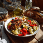 “Cozy Mediterranean low carb dinner on a rustic wooden table, roasted chicken and vegetables with zucchini, cauliflower, bell peppers, and feta cheese, warm natural light, olive oil drizzle, Greek home kitchen atmosphere, comforting healthy food, soft shadows, lifestyle food photography, vertical and horizontal composition, high detail, natural colors, Pinterest and blog ready”
