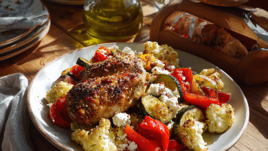 “Cozy Mediterranean low carb dinner on a rustic wooden table, roasted chicken and vegetables with zucchini, cauliflower, bell peppers, and feta cheese, warm natural light, olive oil drizzle, Greek home kitchen atmosphere, comforting healthy food, soft shadows, lifestyle food photography, vertical and horizontal composition, high detail, natural colors, Pinterest and blog ready”