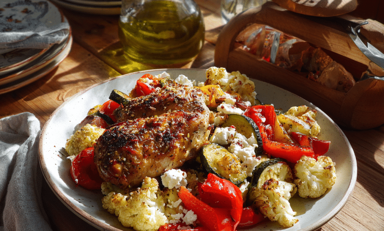 “Cozy Mediterranean low carb dinner on a rustic wooden table, roasted chicken and vegetables with zucchini, cauliflower, bell peppers, and feta cheese, warm natural light, olive oil drizzle, Greek home kitchen atmosphere, comforting healthy food, soft shadows, lifestyle food photography, vertical and horizontal composition, high detail, natural colors, Pinterest and blog ready”