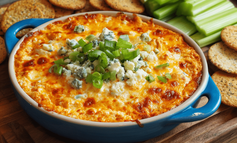 Create a vertical Pinterest Pin (2:3 ratio) for Fast Party Buffalo Chicken Dip. Style: fun, energetic party appetizer vibe. Show a hot, bubbling buffalo chicken dip in a colorful baking dish with melted cheese and buffalo sauce drizzle. Garnish with green onions. Surround with tortilla chips, celery sticks, and party napkins. Setting: game-day or party table. Lighting: bright, inviting, mouthwatering. Text overlay (bold, high-contrast font): “Fast Party Buffalo Chicken Dip” Subtext: Ready in Minutes • Crowd Favorite Clean layout, Pinterest-optimized, no clutter.