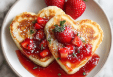 Heart-Shaped Pancakes with Strawberry Syrup