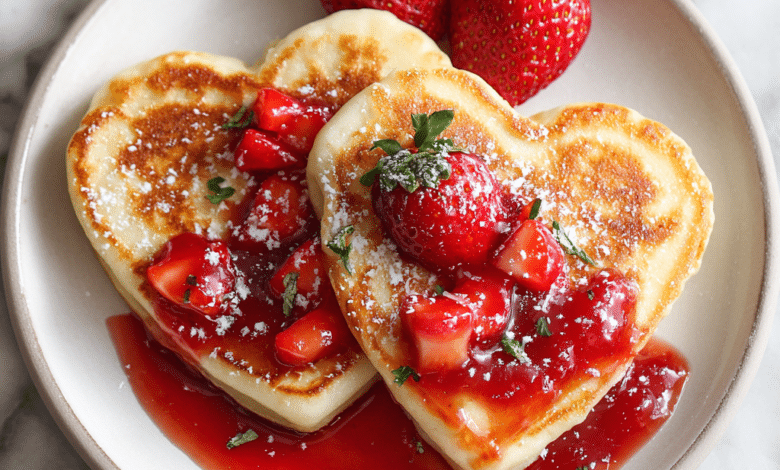 Heart-Shaped Pancakes with Strawberry Syrup