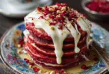 Red Velvet Pancakes with Cream Cheese Glaze