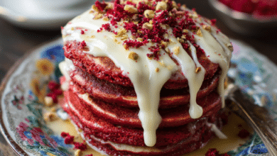 Red Velvet Pancakes with Cream Cheese Glaze