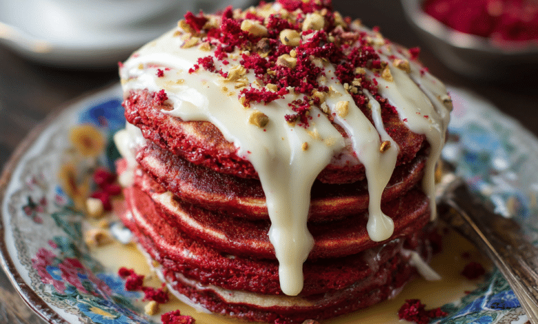 Red Velvet Pancakes with Cream Cheese Glaze