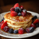 Soft vanilla bean pancakes topped with fresh berries. A comforting homemade breakfast recipe made with love and simple ingredients.