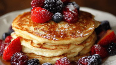 Soft vanilla bean pancakes topped with fresh berries. A comforting homemade breakfast recipe made with love and simple ingredients.