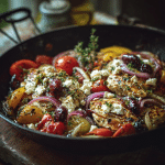 Warm rustic Greek kitchen scene, easy low carb dinner in a large skillet with chicken and colorful vegetables, olive oil glistening, feta cheese sprinkled on top, cozy natural light, Mediterranean home cooking, authentic, inviting, high detail, food photography style, soft shadows, Pinterest vertical composition, editorial food styling