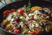 Warm rustic Greek kitchen scene, easy low carb dinner in a large skillet with chicken and colorful vegetables, olive oil glistening, feta cheese sprinkled on top, cozy natural light, Mediterranean home cooking, authentic, inviting, high detail, food photography style, soft shadows, Pinterest vertical composition, editorial food styling
