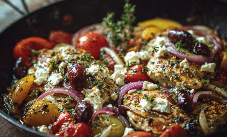 Warm rustic Greek kitchen scene, easy low carb dinner in a large skillet with chicken and colorful vegetables, olive oil glistening, feta cheese sprinkled on top, cozy natural light, Mediterranean home cooking, authentic, inviting, high detail, food photography style, soft shadows, Pinterest vertical composition, editorial food styling