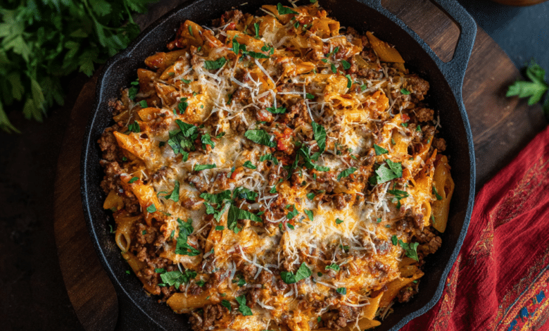 Cheesy Ground Beef Pasta Skillet