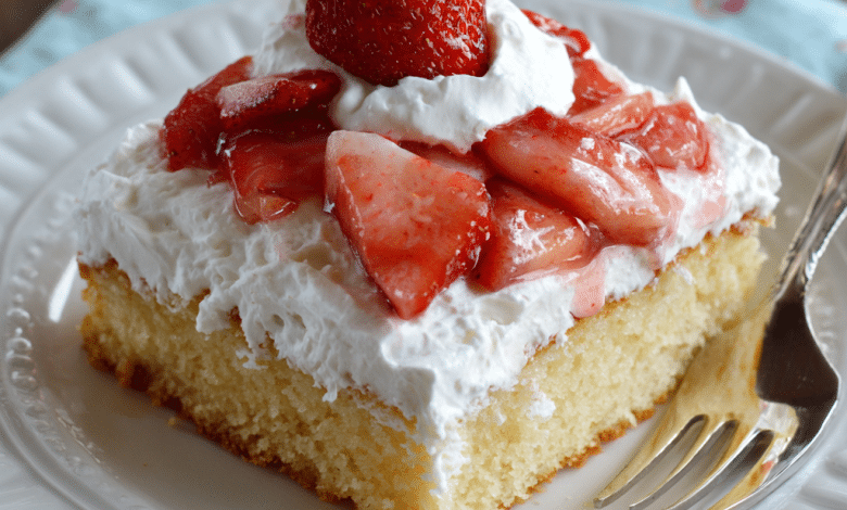 Strawberry Sheet Cake with Whipped Frosting